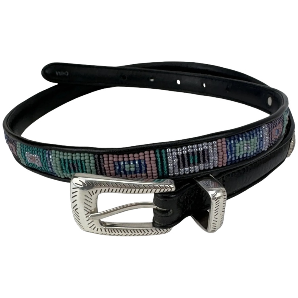 Brighton Beaded Leather Belt Black Silver M 30 Vintage 80s